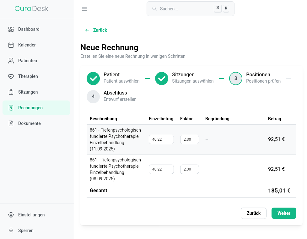 CuraDesk Rechnungserstellung
